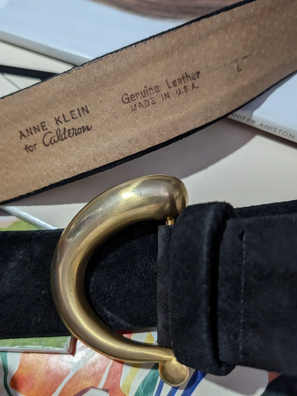 Anne Klein Black Suede Belt with Sculptural Gold Buckle